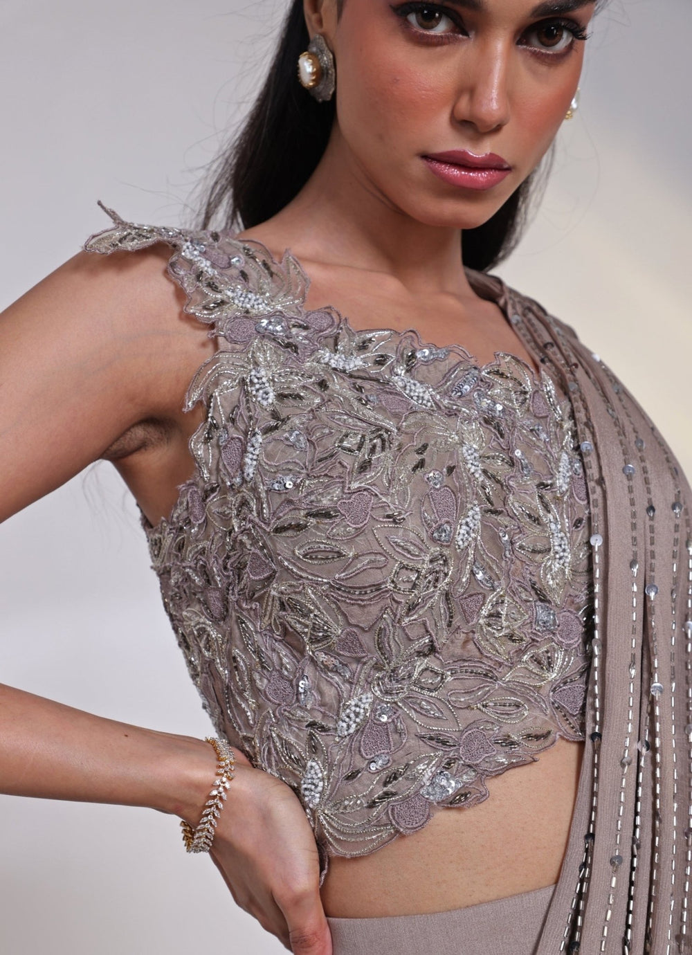 Ash Grey Chinon Pre - Draped Saree Gown Smriti - Fabilicious Fashion