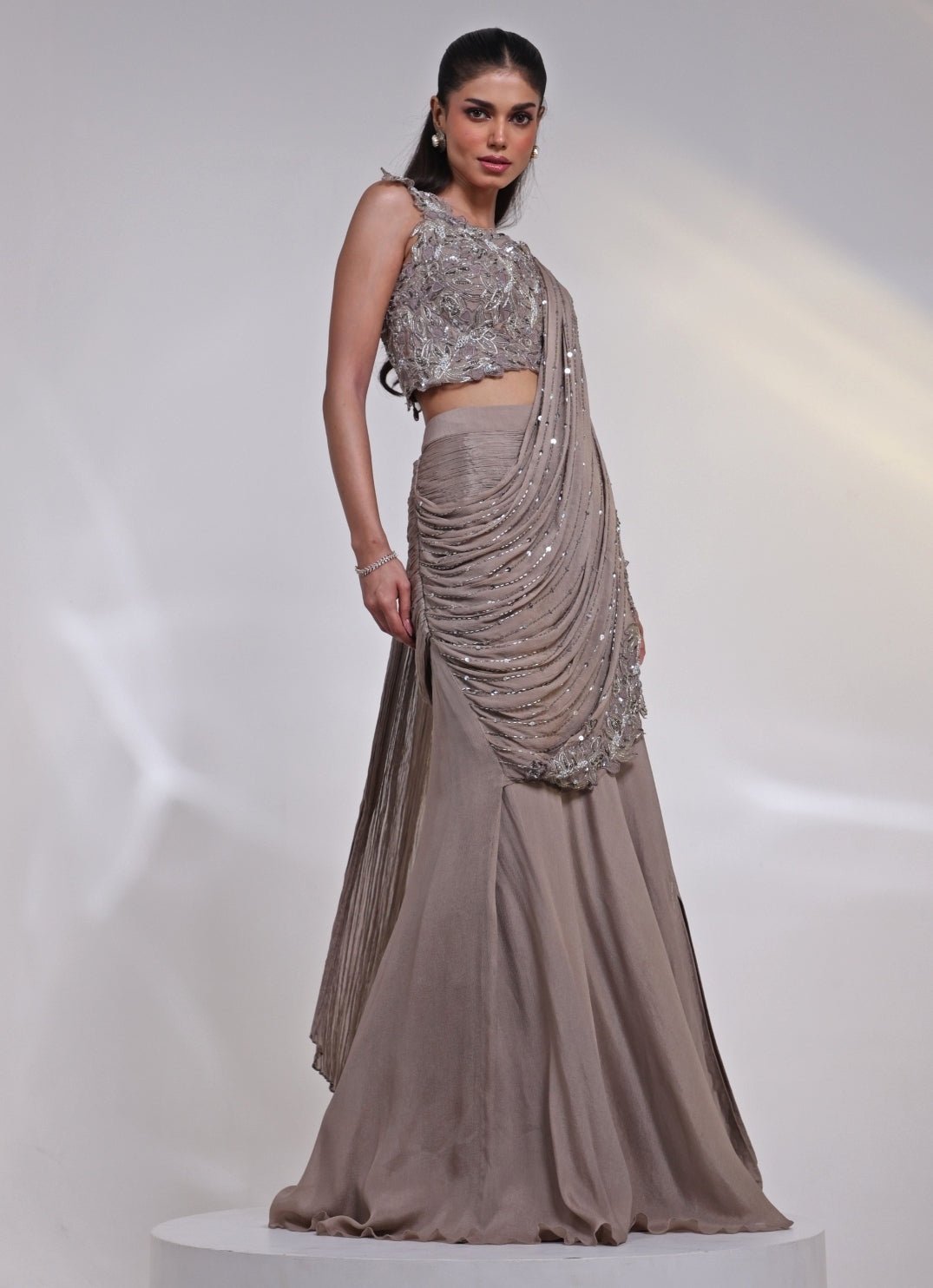 Ash Grey Chinon Pre - Draped Saree Gown Smriti - Fabilicious Fashion