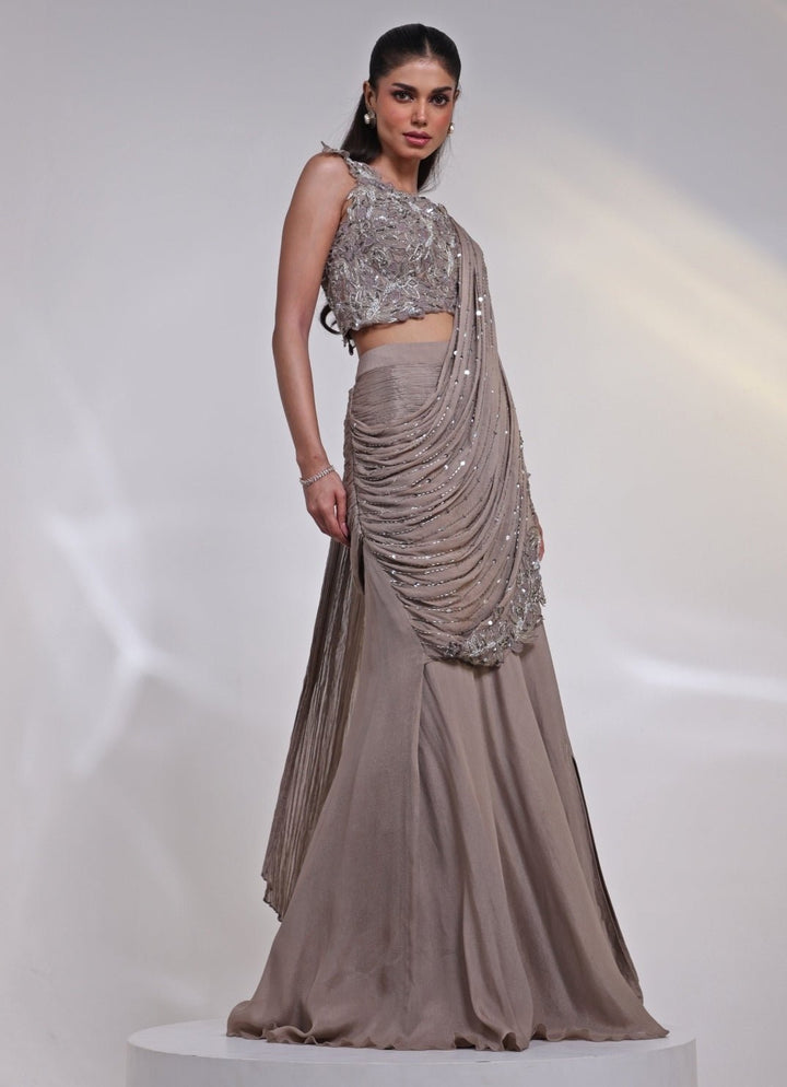 Ash Grey Chinon Pre - Draped Saree Gown Smriti - Fabilicious Fashion