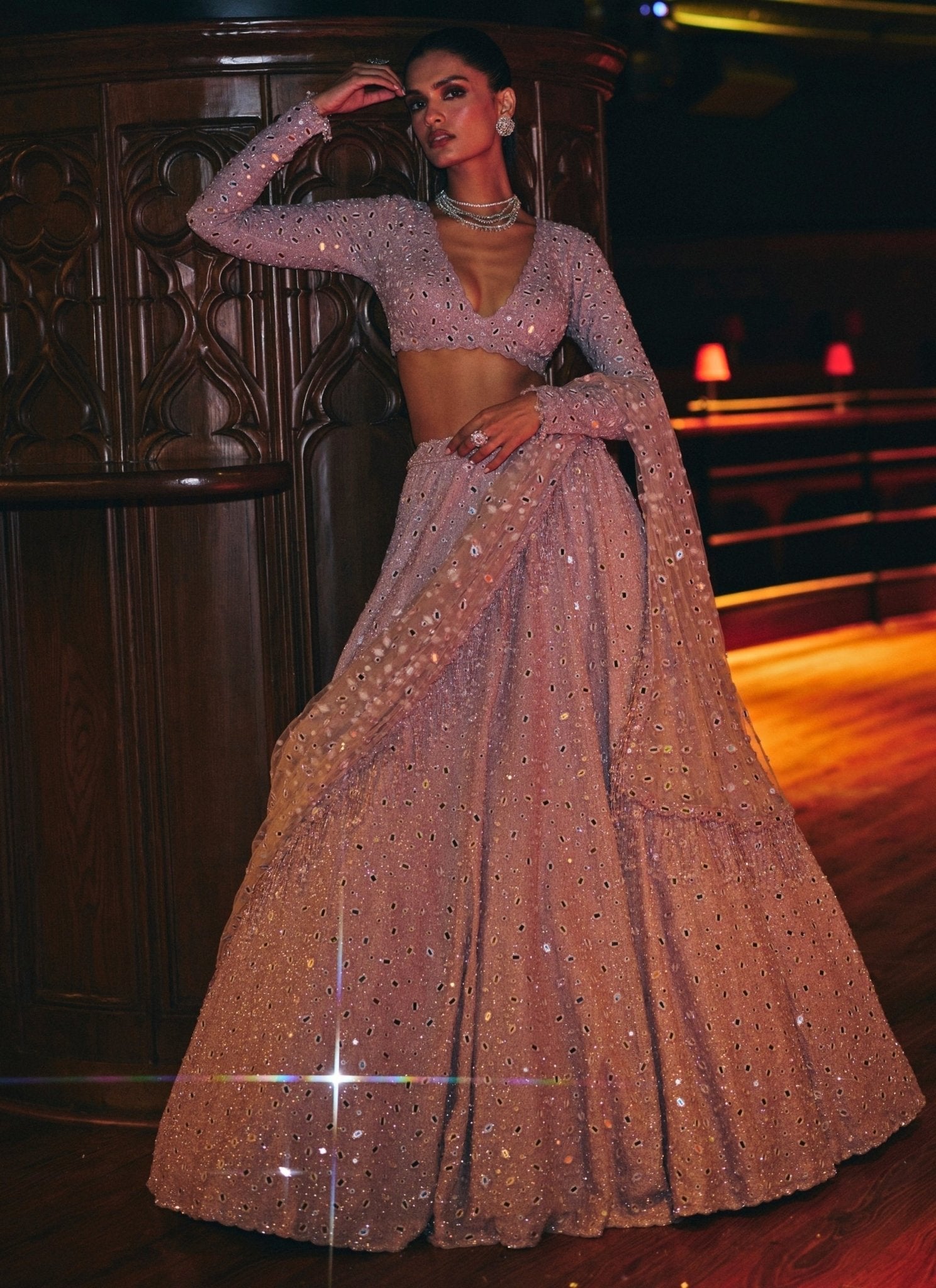 Ash pink crepe lehenga set by Vvani by Vani Vats at Fabilicious Fashion