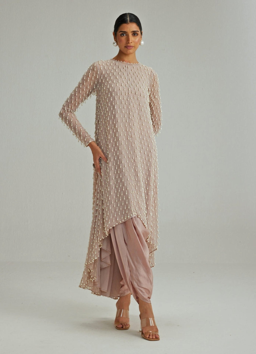 Ash Pink Embroidered Kurta With Dhoti Salwar Vvani by Vani Vats - Fabilicious Fashion