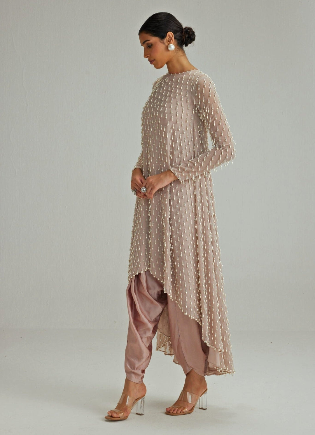 Ash Pink Embroidered Kurta With Dhoti Salwar Vvani by Vani Vats - Fabilicious Fashion