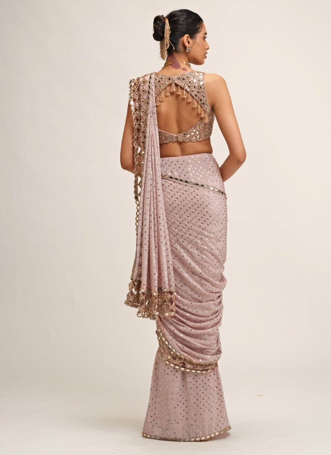 Vvani by Vani Vats Ash Pink Embroidered Pre-Draped Crepe SareeFabilicious Fashion