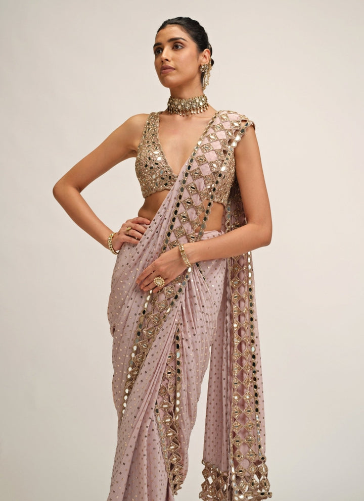 Vvani by Vani Vats Ash Pink Embroidered Pre-Draped Crepe SareeFabilicious Fashion