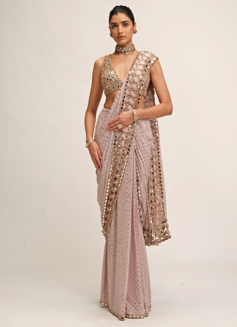 Vvani by Vani Vats Ash Pink Embroidered Pre-Draped Crepe SareeFabilicious Fashion
