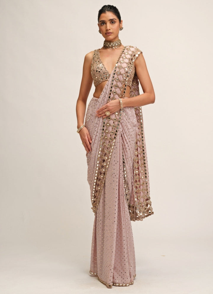 Vvani by Vani Vats Ash Pink Embroidered Pre-Draped Crepe SareeFabilicious Fashion