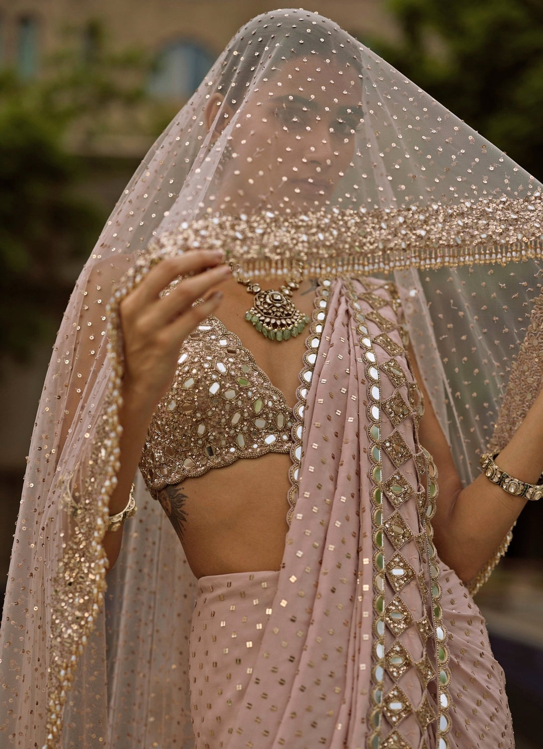 Vvani by Vani Vats Ash Pink Embroidered Pre-Draped Crepe SareeFabilicious Fashion