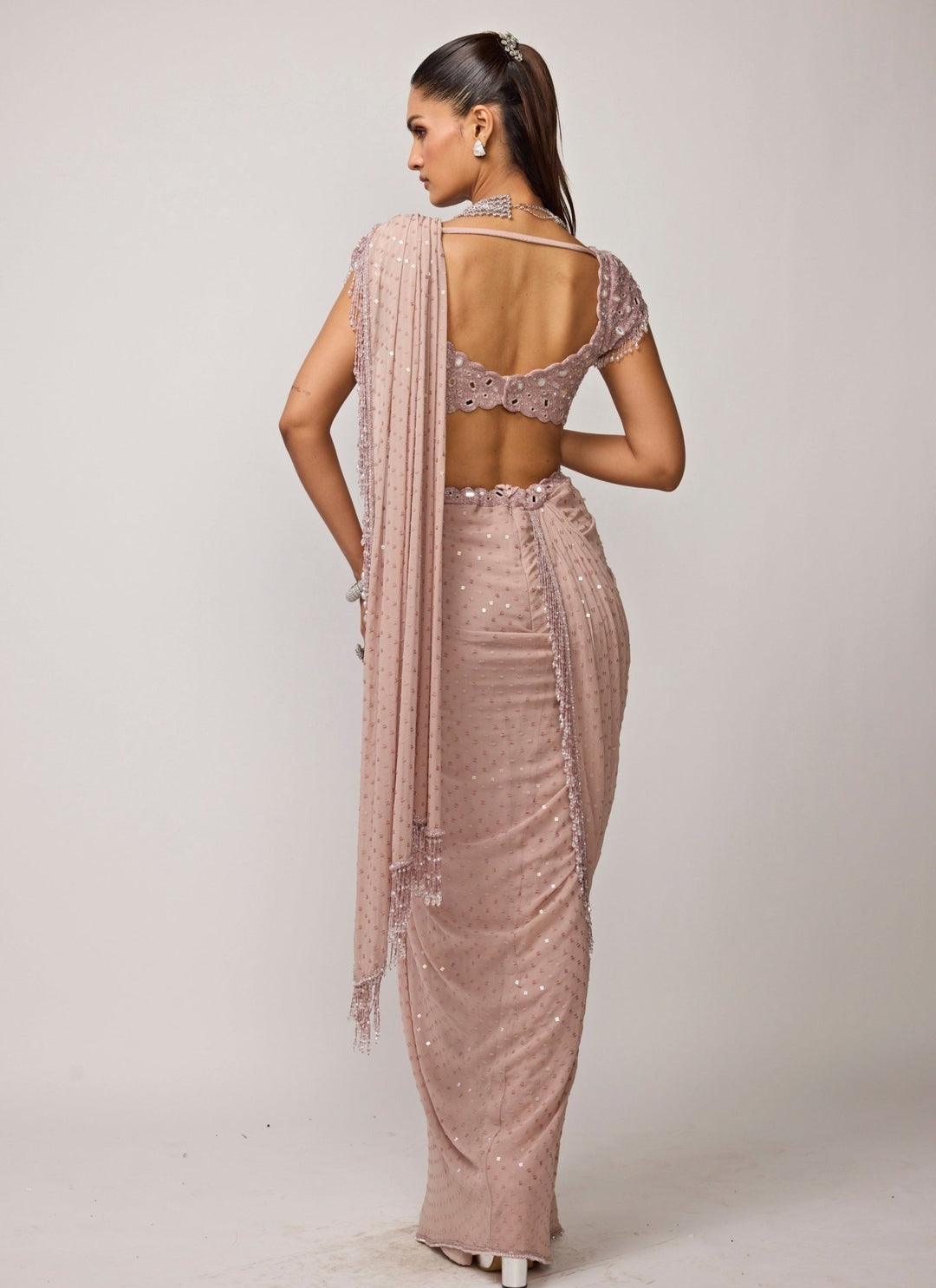 Vvani by Vani Vats Ash Pink Embroidered Pre-Draped SareeFabilicious Fashion