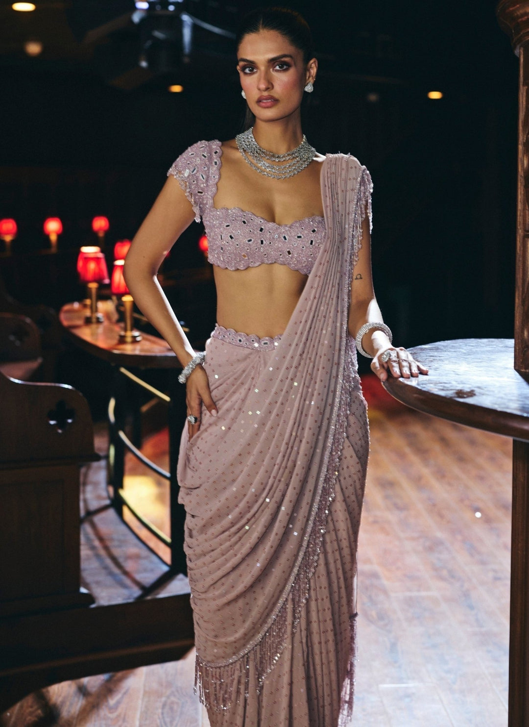 Vvani by Vani Vats Ash Pink Embroidered Pre-Draped SareeFabilicious Fashion