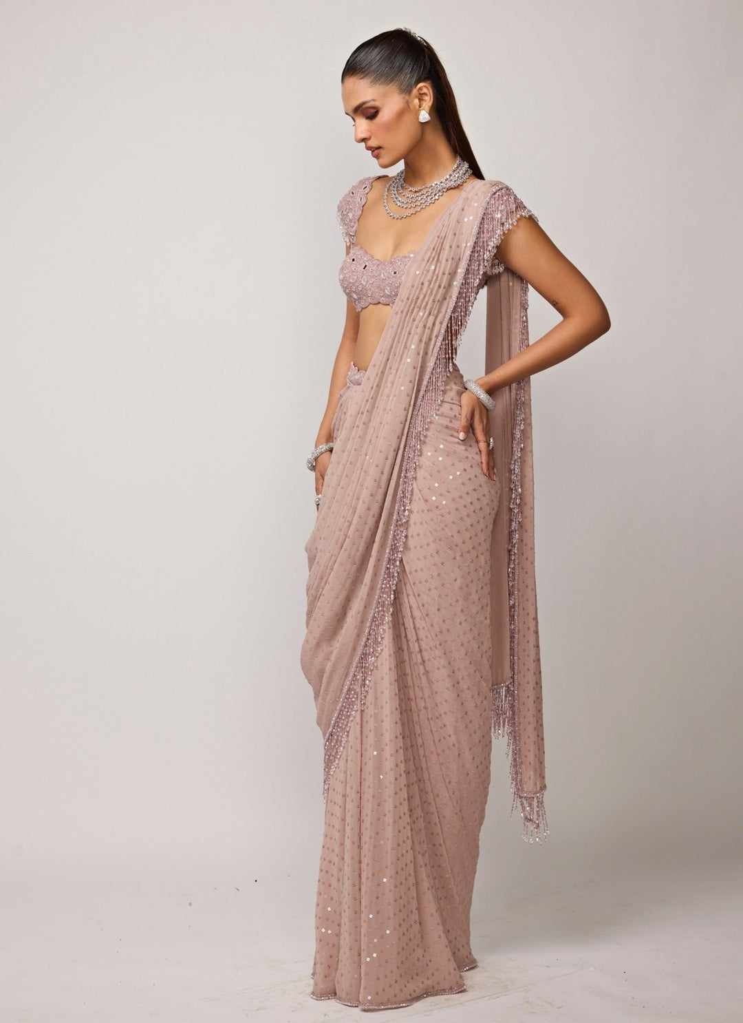 Vvani by Vani Vats Ash Pink Embroidered Pre-Draped SareeFabilicious Fashion
