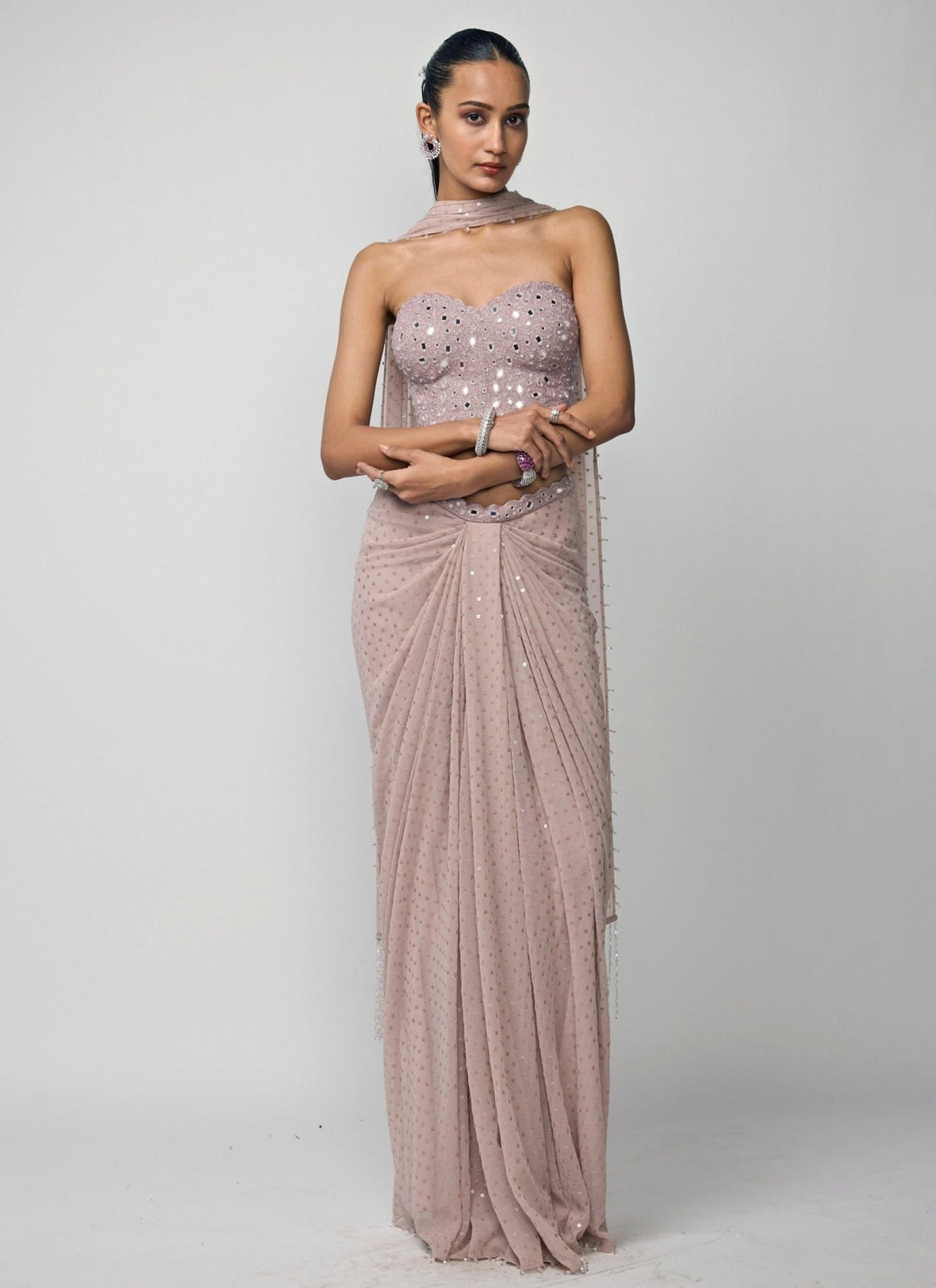 Vvani by Vani Vats Ash Pink Georgette Drape Skirt With CorsetFabilicious Fashion