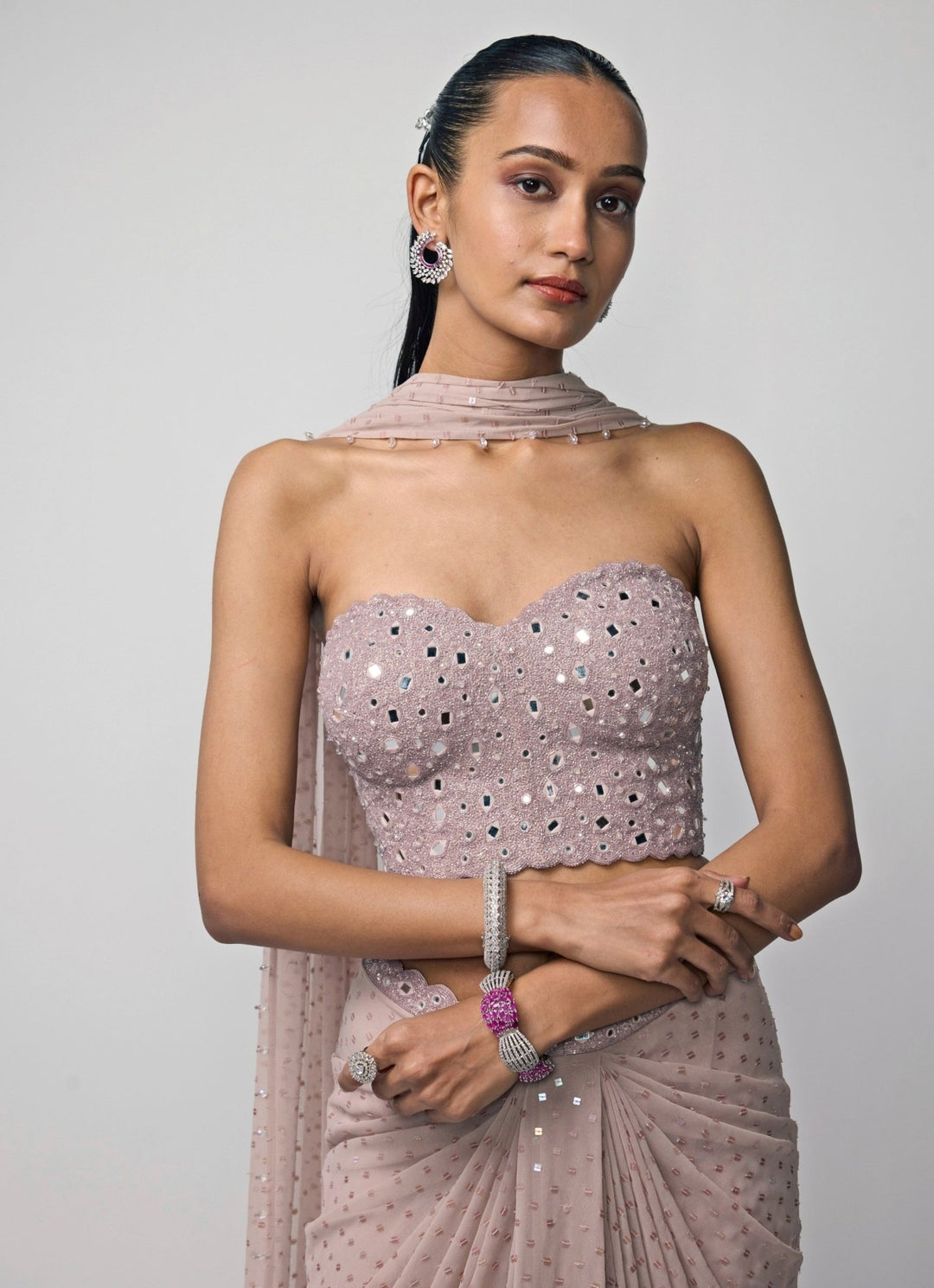 Vvani by Vani Vats Ash Pink Georgette Drape Skirt With CorsetFabilicious Fashion