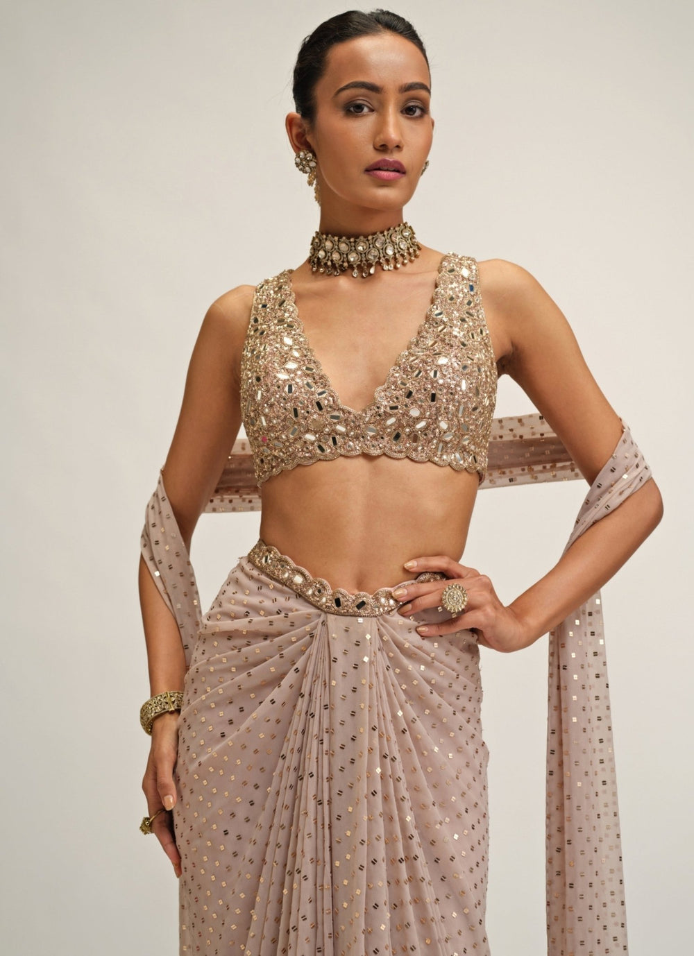Vvani by Vani Vats Ash Pink Georgette Draped SkirtFabilicious Fashion
