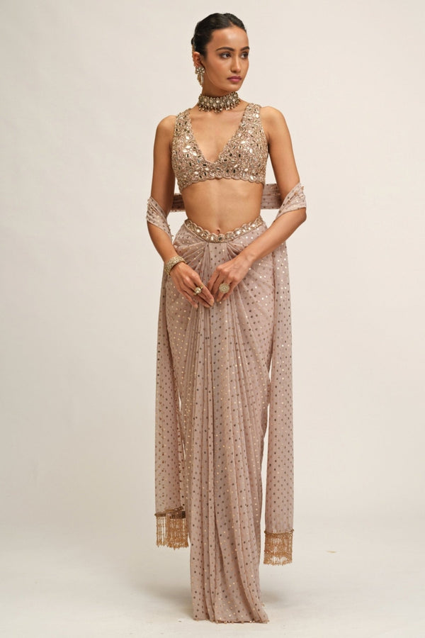 Vvani by Vani Vats ash pink georgette draped skirt for a destination wedding mehendi