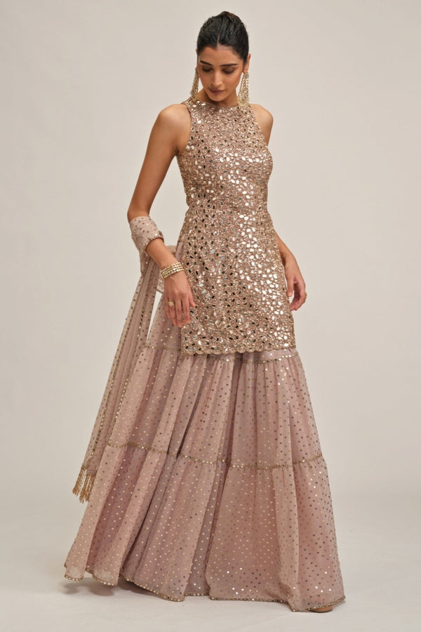 Ash pink georgette kurta sharara by Vvani by Vani Vats
