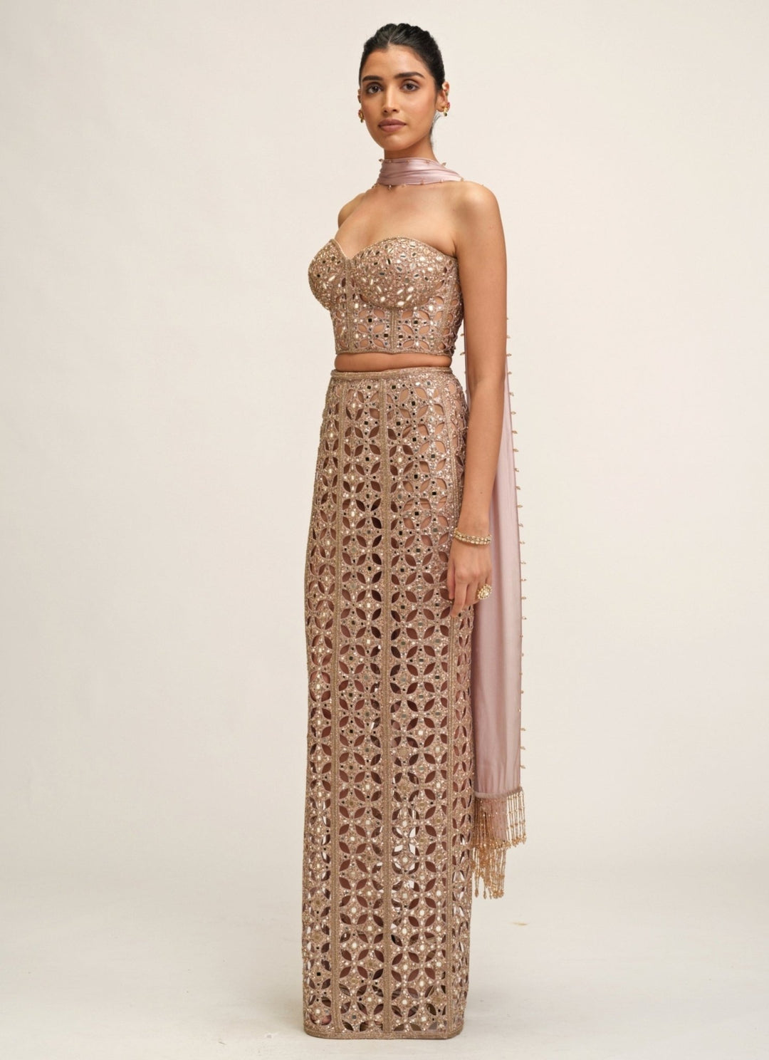 Vvani by Vani Vats Ash Pink Georgette Pencil Skirt With CorsetFabilicious Fashion