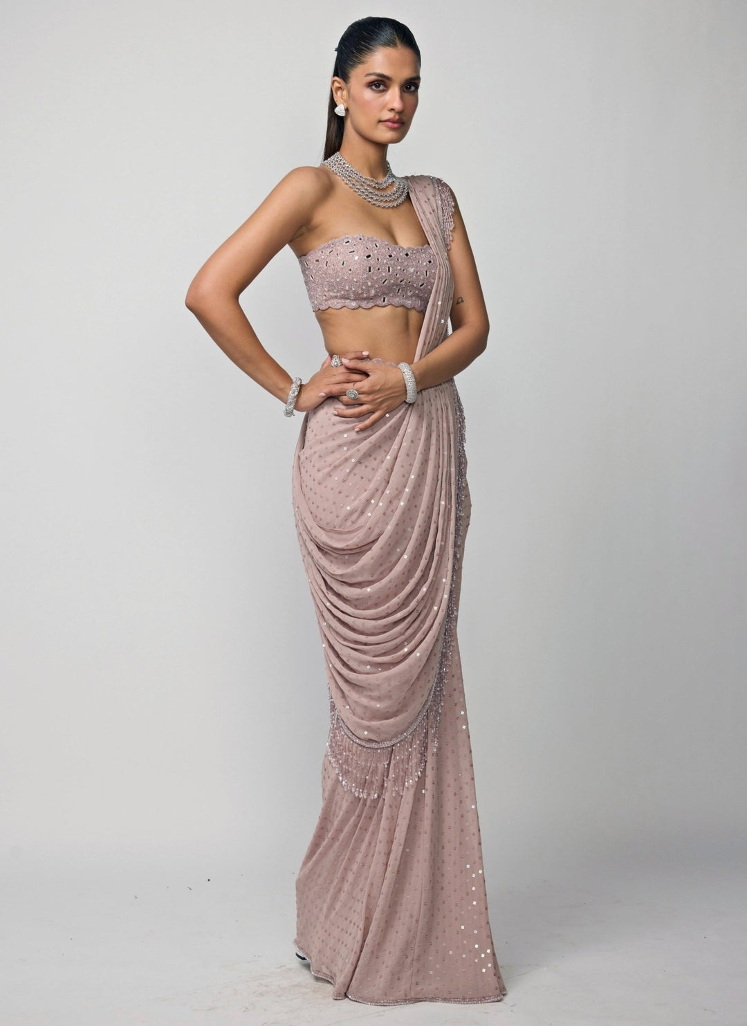 Vvani by Vani Vats Ash Pink Georgette Pre-Draped SareeFabilicious Fashion
