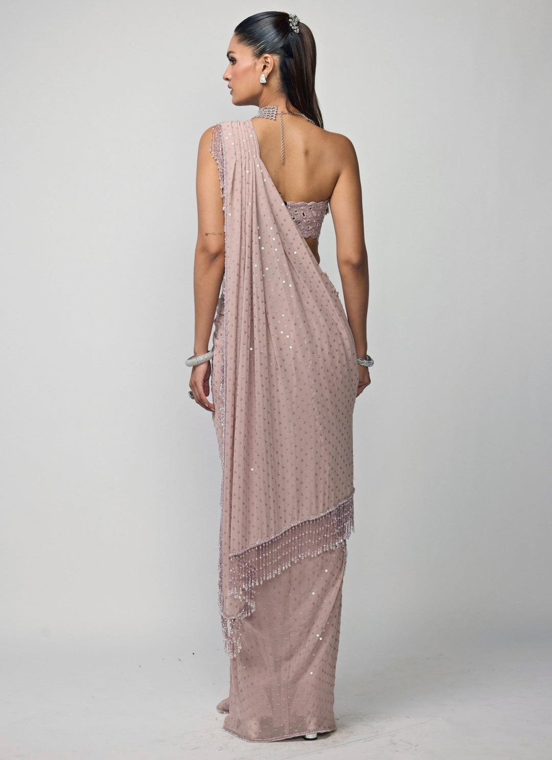 Vvani by Vani Vats Ash Pink Georgette Pre-Draped SareeFabilicious Fashion