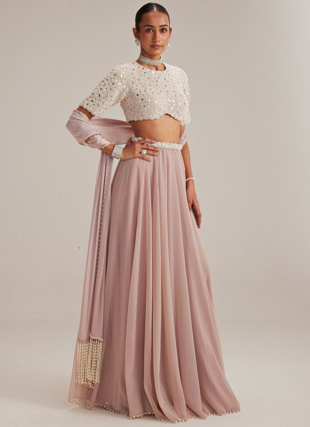 Ash Pink Georgette Skirt With High Neck Blouse And Stole Vvani by Vani Vats - Fabilicious Fashion