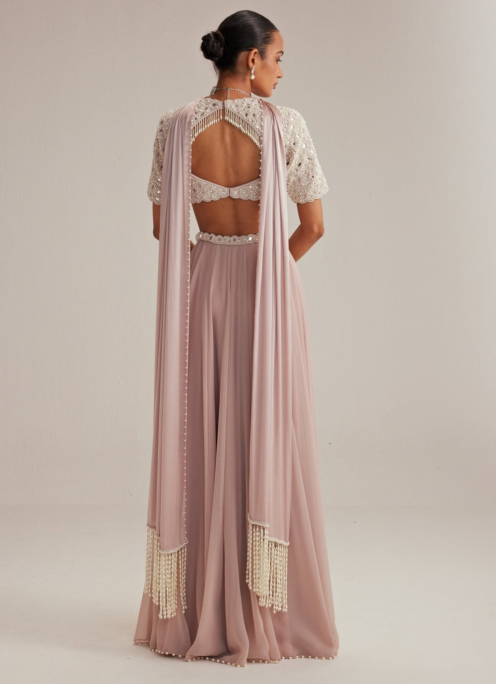 Ash Pink Georgette Skirt With High Neck Blouse And Stole Vvani by Vani Vats - Fabilicious Fashion
