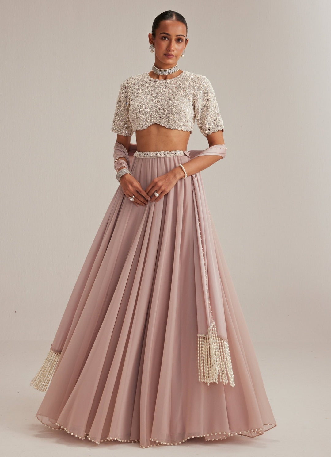 Ash Pink Georgette Skirt With High Neck Blouse And Stole Vvani by Vani Vats - Fabilicious Fashion