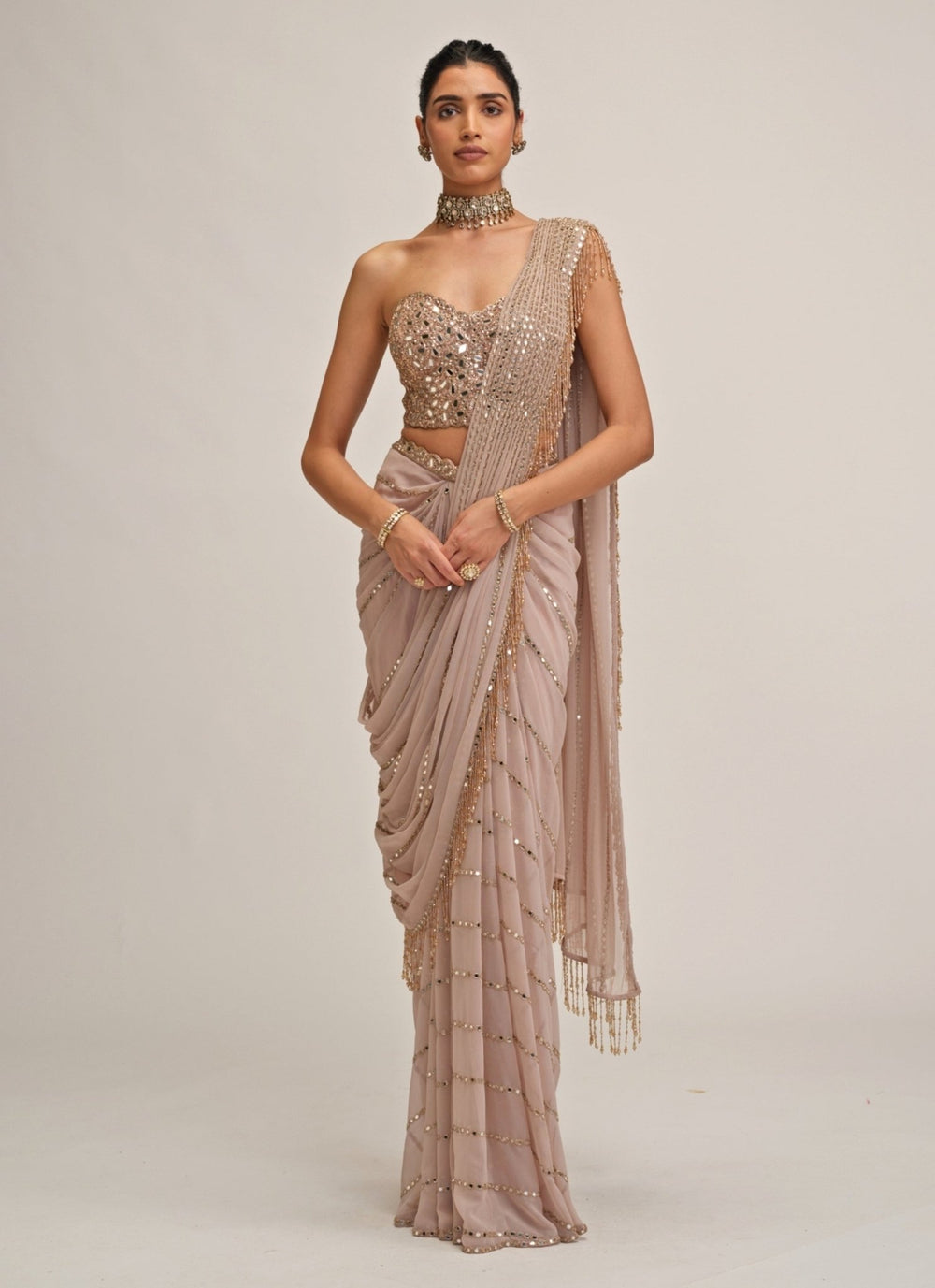 Vvani by Vani Vats Ash Pink Linear Mirror Georgette Pre-Draped SareeFabilicious Fashion