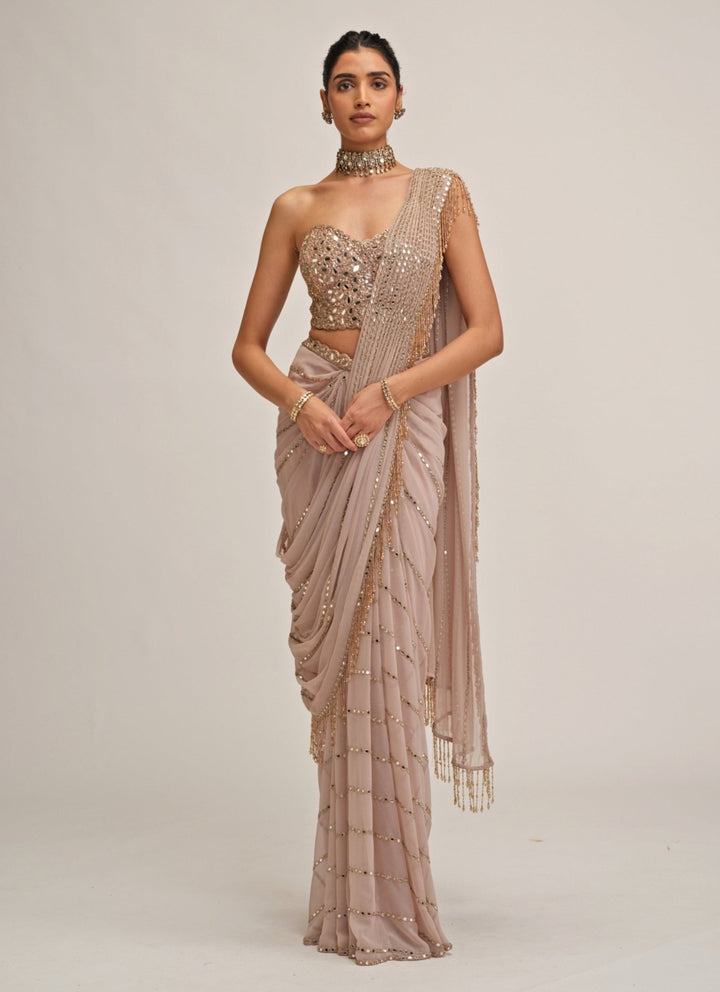 Vvani by Vani Vats Ash Pink Linear Mirror Georgette Pre-Draped SareeFabilicious Fashion