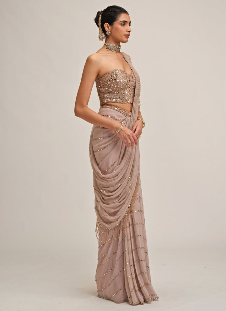 Vvani by Vani Vats Ash Pink Linear Mirror Georgette Pre-Draped SareeFabilicious Fashion