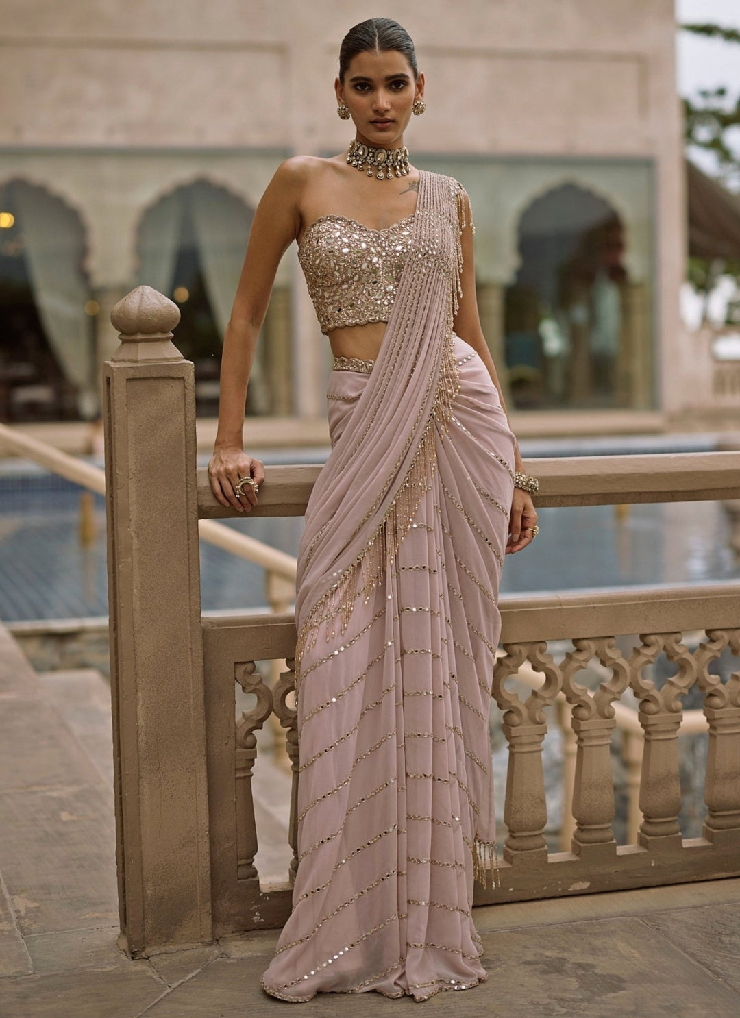 Vvani by Vani Vats Ash Pink Linear Mirror Georgette Pre-Draped SareeFabilicious Fashion