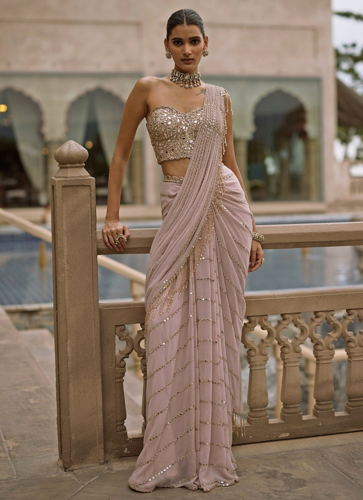 Vvani by Vani Vats Ash Pink Linear Mirror Georgette Pre-Draped SareeFabilicious Fashion