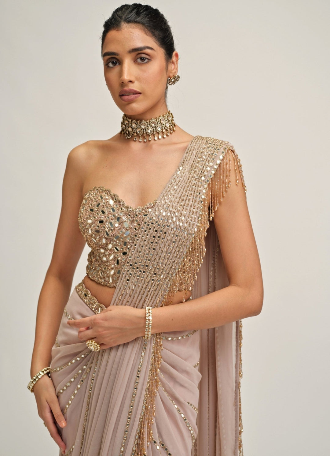 Vvani by Vani Vats Ash Pink Linear Mirror Georgette Pre-Draped SareeFabilicious Fashion