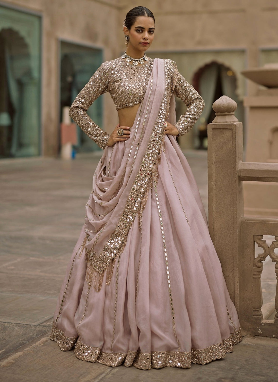Vvani by Vani Vats Ash Pink Linear Organza LehengaFabilicious Fashion
