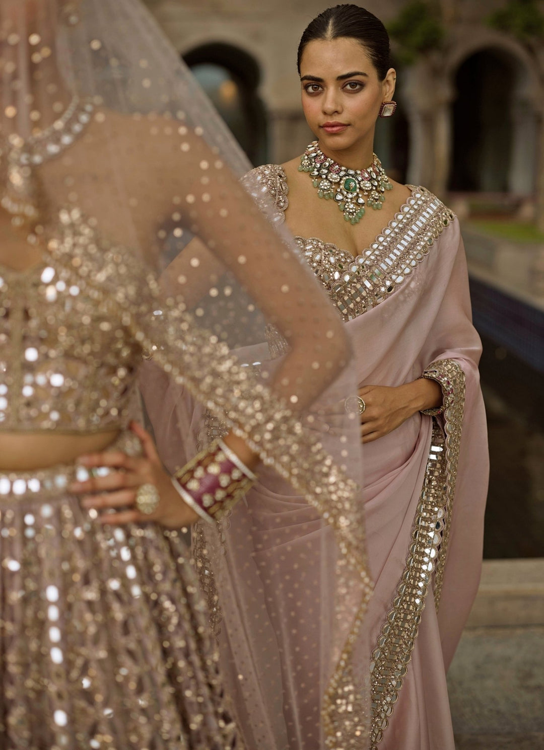 Vvani by Vani Vats Ash Pink Linear Organza LehengaFabilicious Fashion