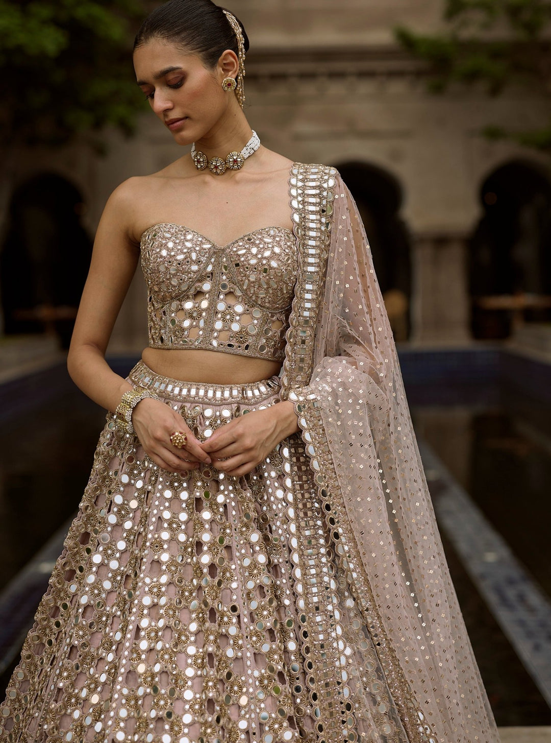 Vvani by Vani Vats Ash Pink Mirror Embroidered Georgette Corset LehengaFabilicious Fashion