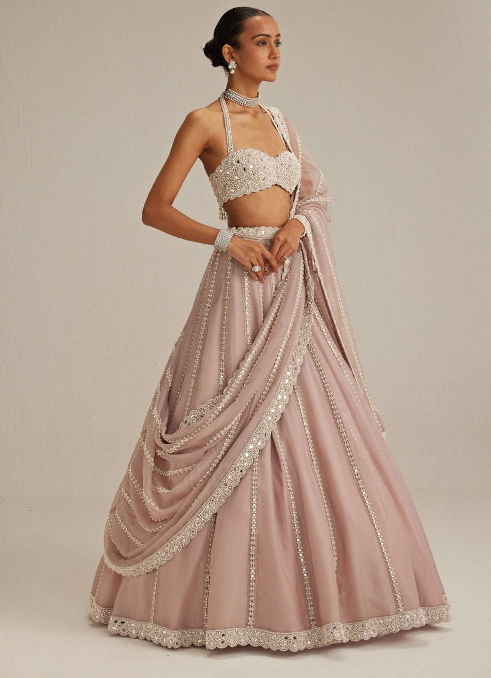 Ash Pink Organza Lehenga With Halter Blouse Vvani by Vani Vats - Fabilicious Fashion