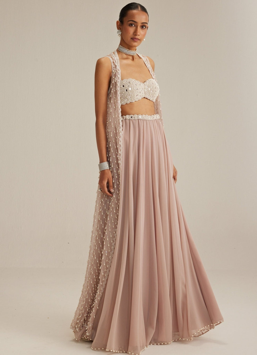 Ash Pink Pearl And Mirror Embroidered Jacket Lehenga Set Vvani by Vani Vats - Fabilicious Fashion