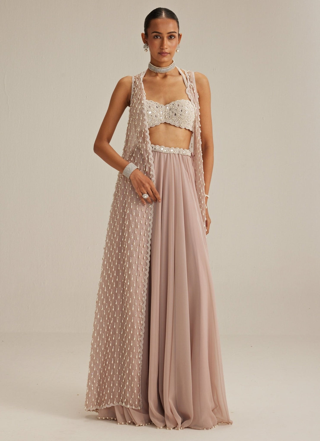 Ash Pink Pearl And Mirror Embroidered Jacket Lehenga Set Vvani by Vani Vats - Fabilicious Fashion