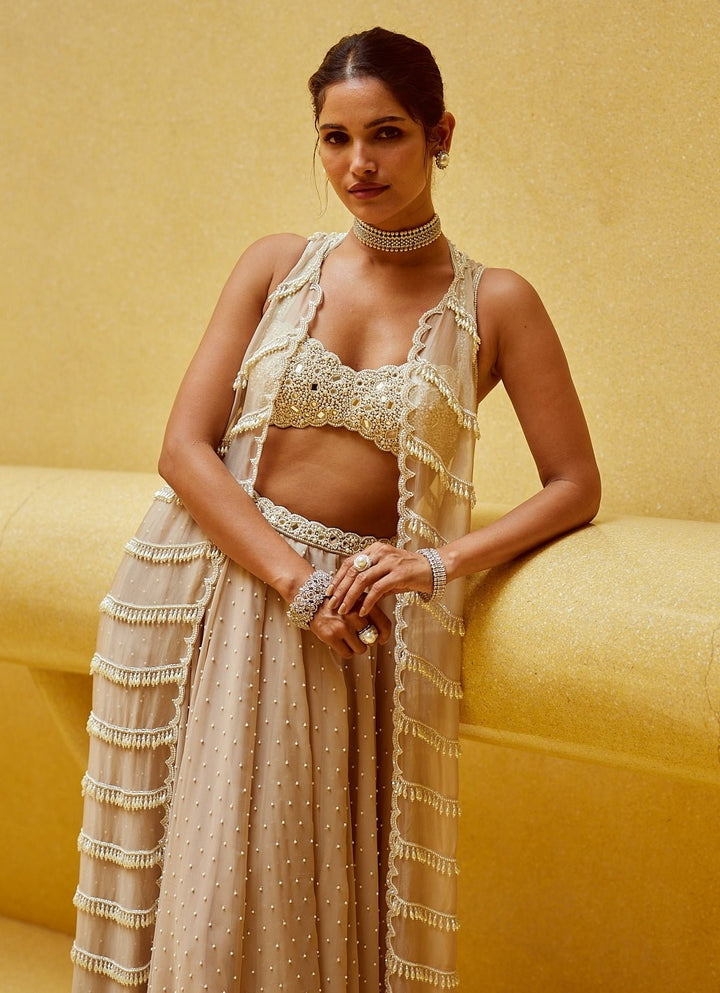 Ash Pink Pearl And Mirror Embroidered Jacket Lehenga Set Vvani by Vani Vats - Fabilicious Fashion