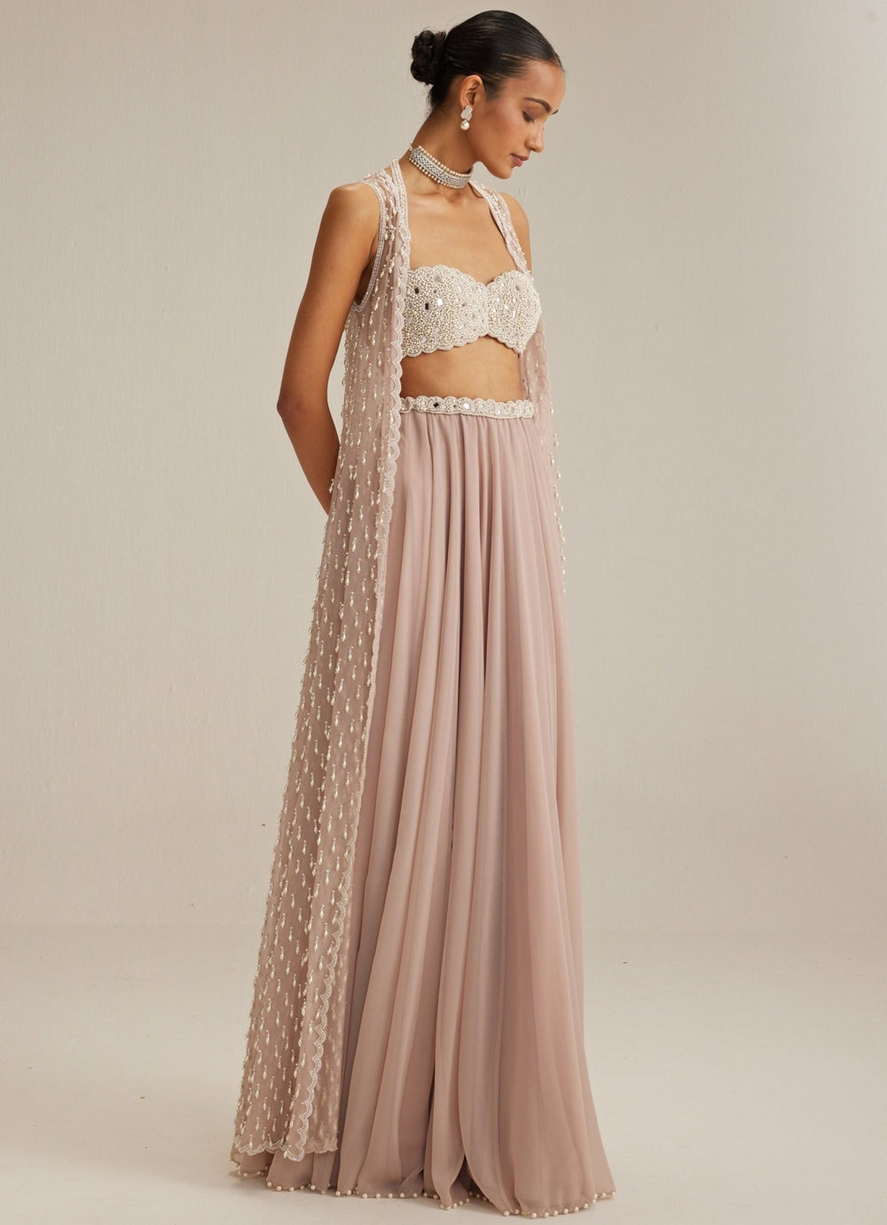 Ash Pink Pearl And Mirror Embroidered Jacket Lehenga Set Vvani by Vani Vats - Fabilicious Fashion