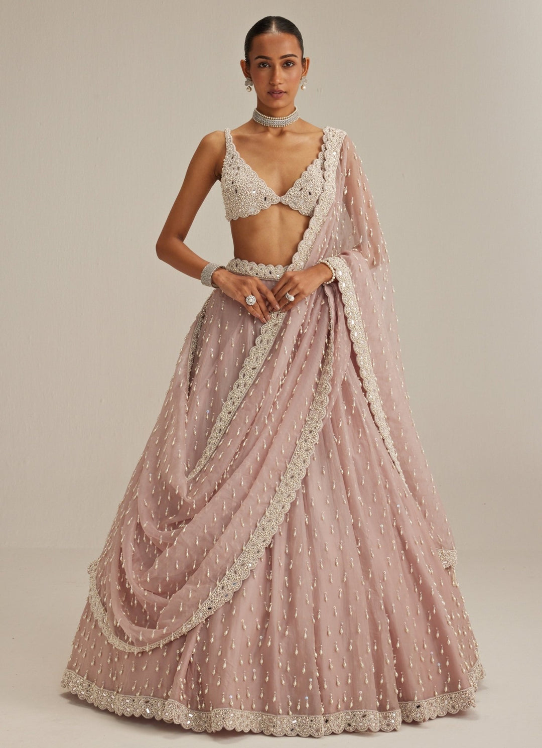 Ash Pink Pearl Drop Organza Lehenga Set Vvani by Vani Vats - Fabilicious Fashion