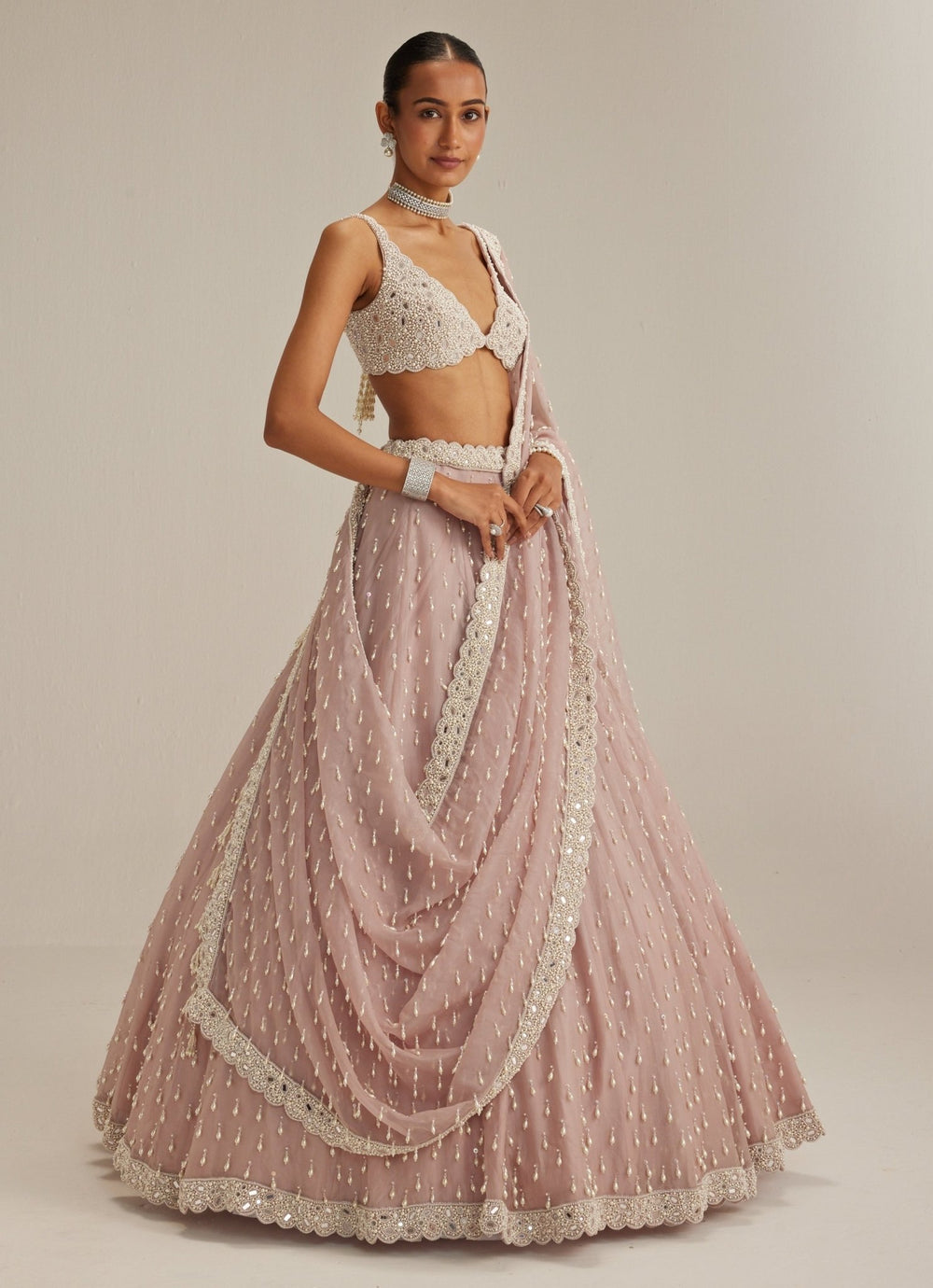 Ash Pink Pearl Drop Organza Lehenga Set Vvani by Vani Vats - Fabilicious Fashion