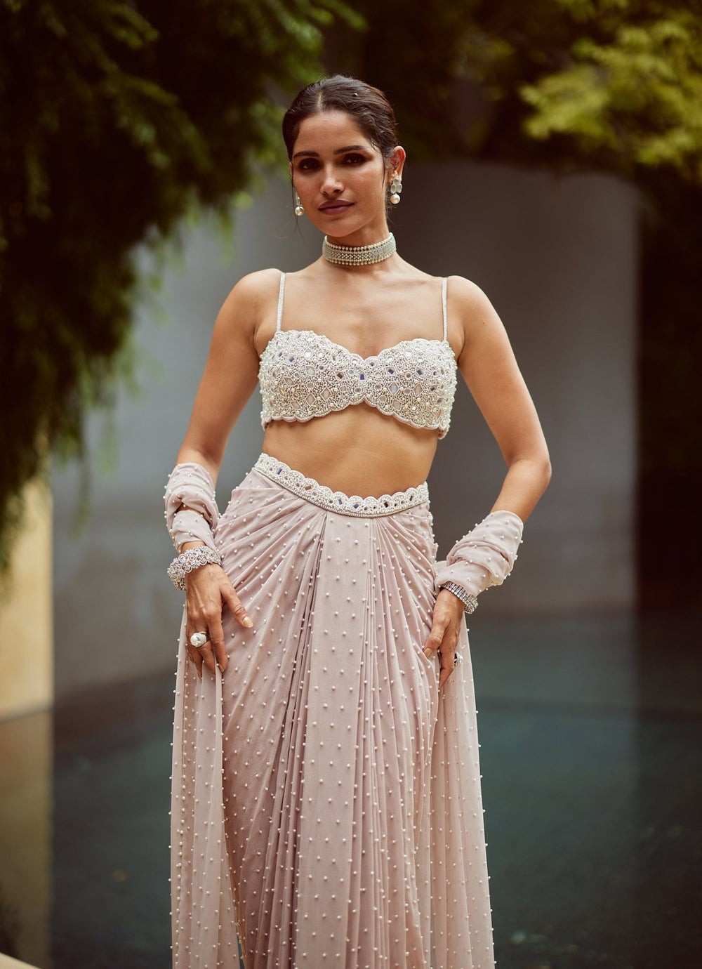 Ash Pink Pearl Embroidered Georgette Drape Skirt Set Vvani by Vani Vats - Fabilicious Fashion