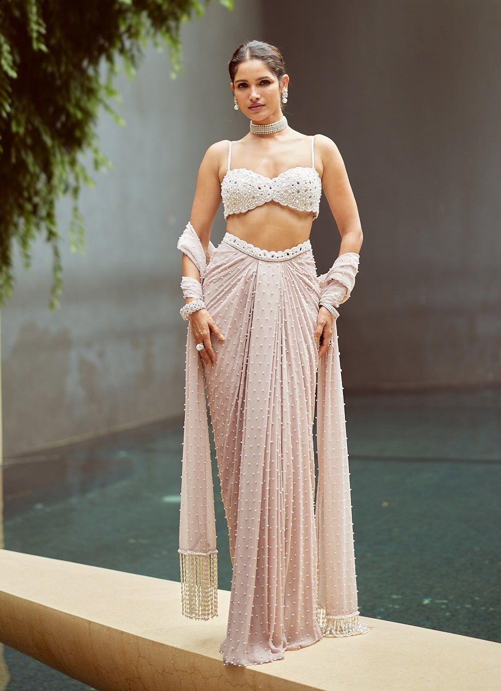 Ash Pink Pearl Embroidered Georgette Drape Skirt Set Vvani by Vani Vats - Fabilicious Fashion