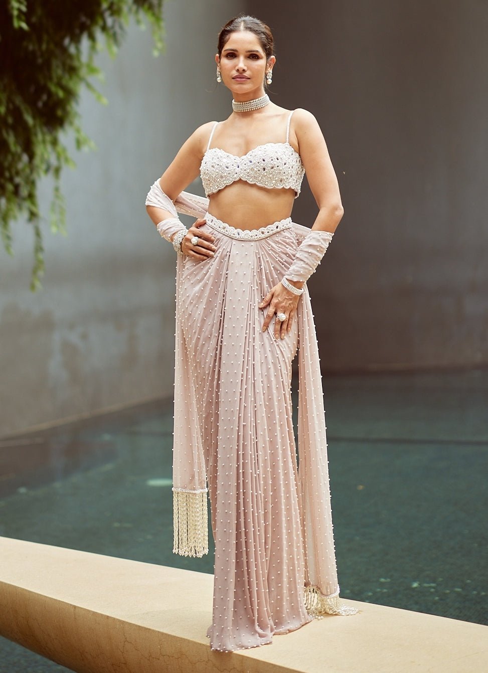 Ash Pink Pearl Embroidered Georgette Drape Skirt Set Vvani by Vani Vats - Fabilicious Fashion