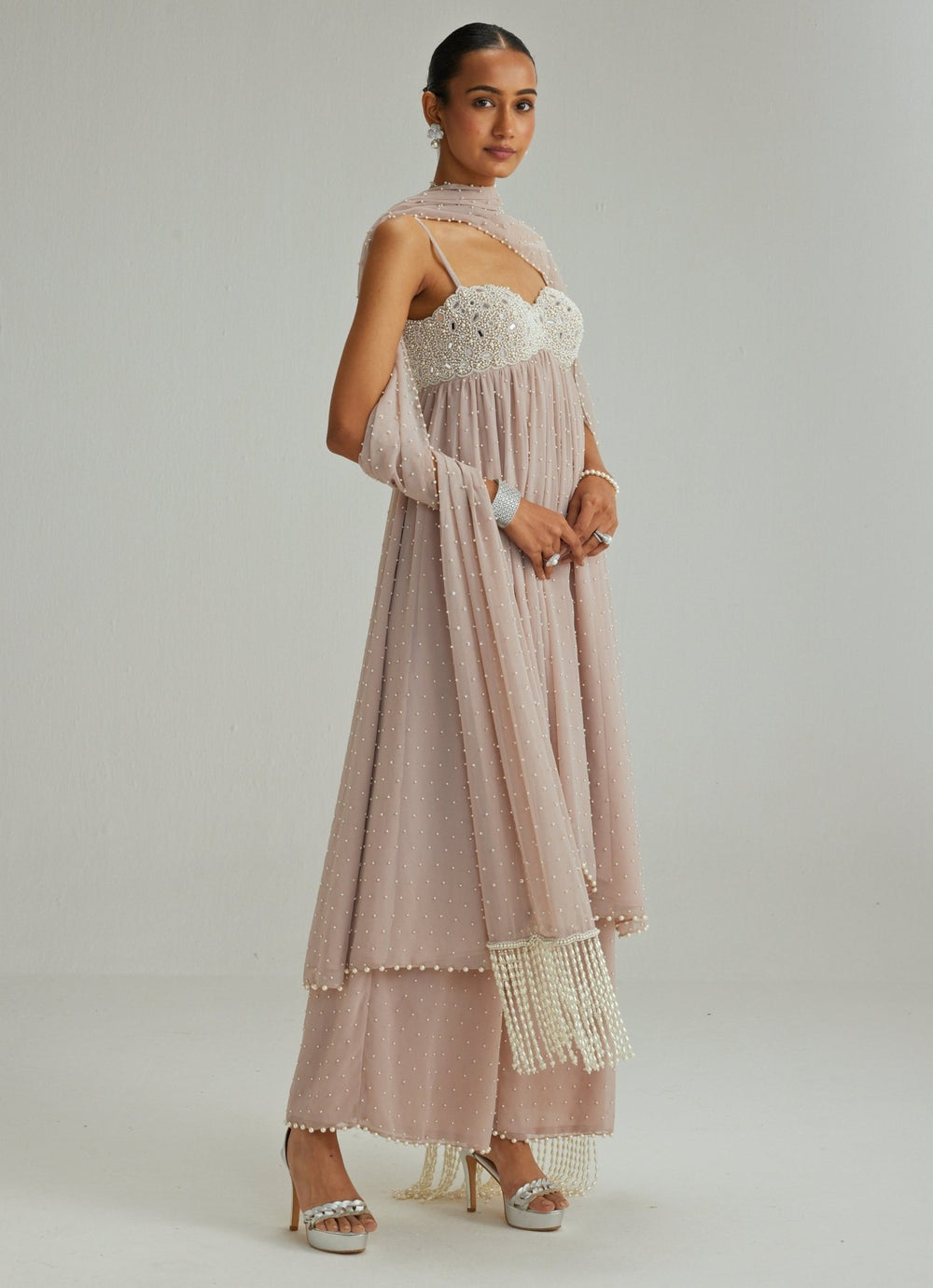 Ash Pink Pearl Embroidered Georgette Kurta Pants Set Vvani by Vani Vats - Fabilicious Fashion