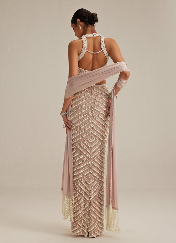 Ash Pink Pearl Embroidered Pencil Skirt Set Vvani by Vani Vats - Fabilicious Fashion