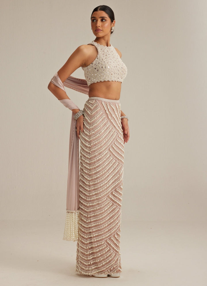 Ash Pink Pearl Embroidered Pencil Skirt Set Vvani by Vani Vats - Fabilicious Fashion
