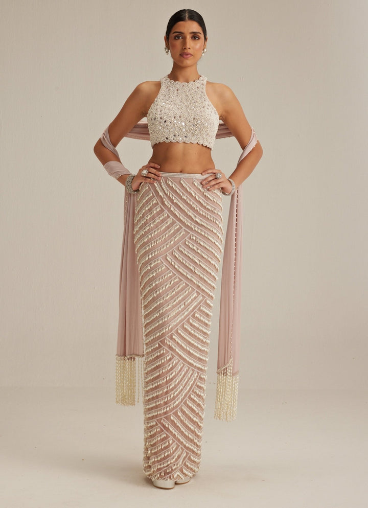 Ash Pink Pearl Embroidered Pencil Skirt Set Vvani by Vani Vats - Fabilicious Fashion