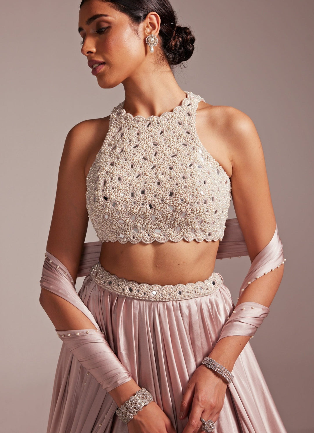 Ash Pink Satin Embroidered Skirt Set With Stole Vvani by Vani Vats - Fabilicious Fashion