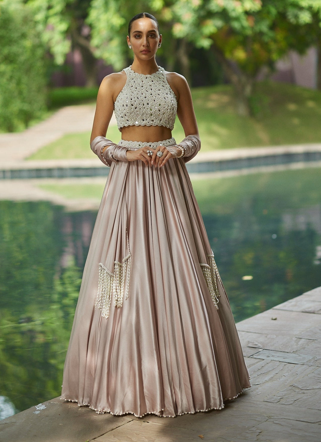 Ash Pink Satin Embroidered Skirt Set With Stole Vvani by Vani Vats - Fabilicious Fashion